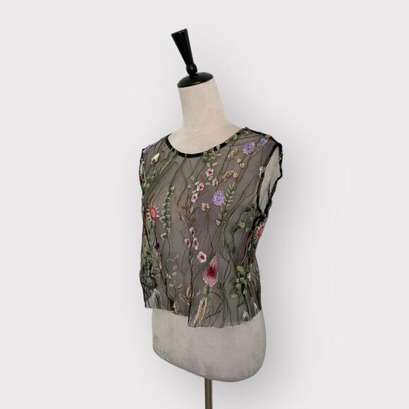 Runway Paris Floral Embroidery Mesh Top Black Size M - Picture 2 of 9